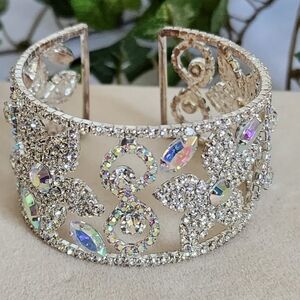 Silver Open Cuff Glam Bracelet Iridescent and Clear Crystal Design